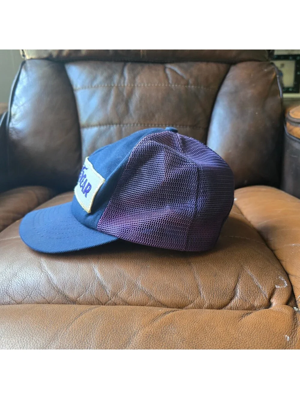 Vintage Goodyear Tire Patch Trucker Hat Snapback Sun Faded Purple Mesh Cap
